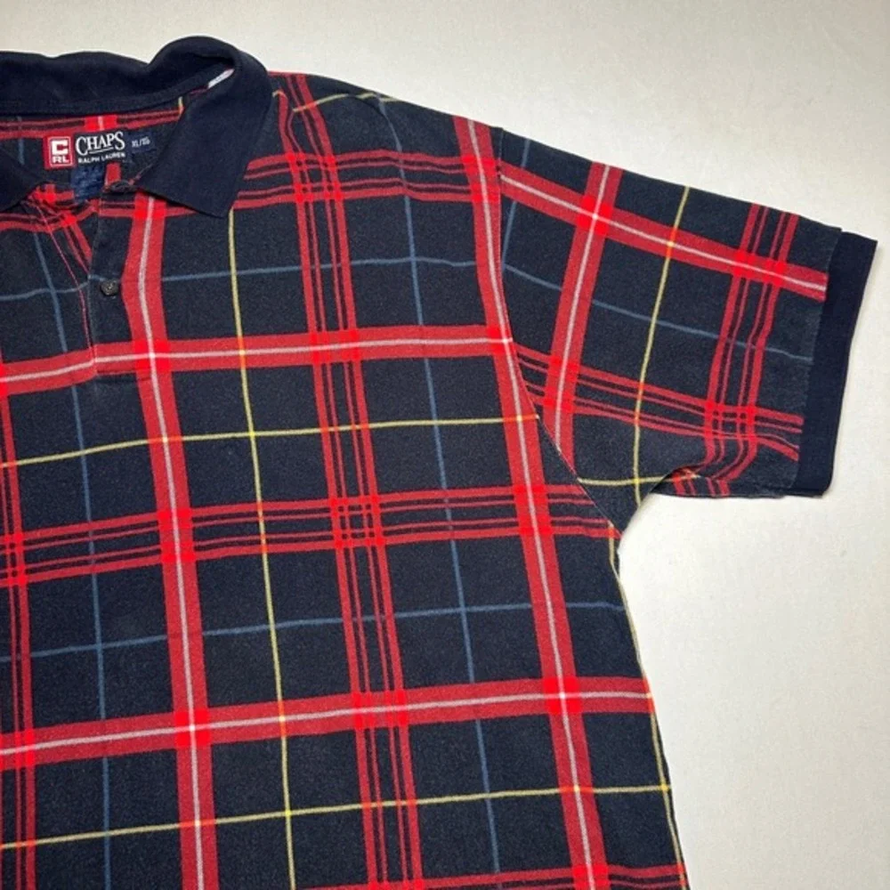 Vtg Chaps Ralph Lauren Polo Shirt Mens XL Red Tartan‎ Plaid Collared 90s Golf